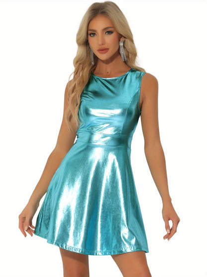 Metallic Holographic Women's High Waist Sleeveless Club Party Disco Dress