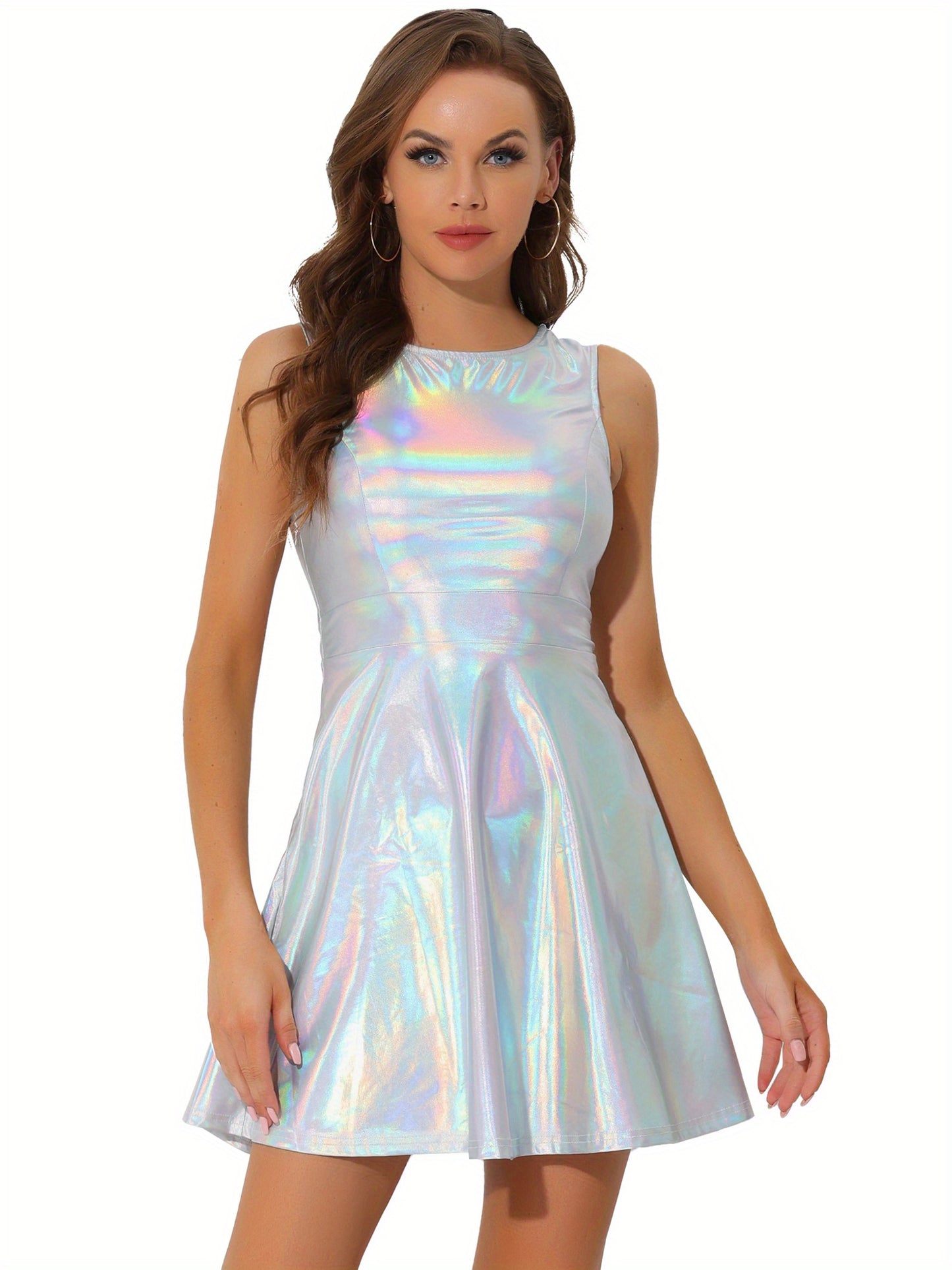 Metallic Holographic Women's High Waist Sleeveless Club Party Disco Dress
