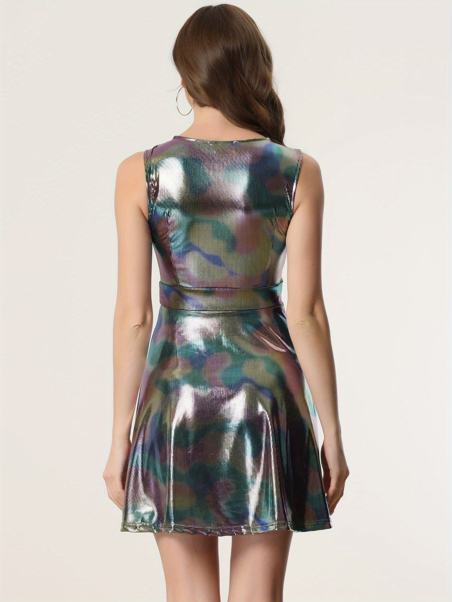 Metallic Holographic Women's High Waist Sleeveless Club Party Disco Dress