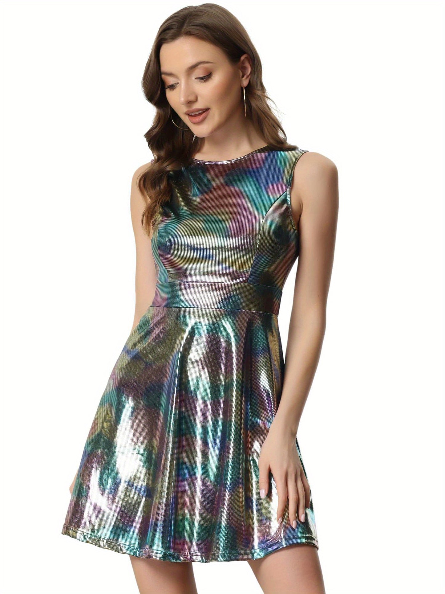 Metallic Holographic Women's High Waist Sleeveless Club Party Disco Dress