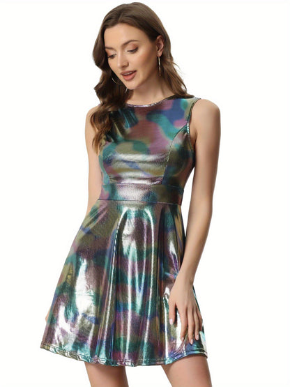 Metallic Holographic Women's High Waist Sleeveless Club Party Disco Dress
