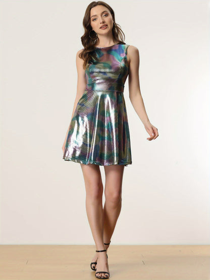 Metallic Holographic Women's High Waist Sleeveless Club Party Disco Dress