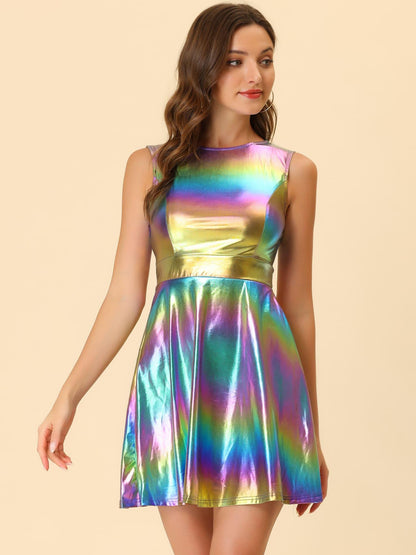 Metallic Holographic Women's High Waist Sleeveless Club Party Disco Dress