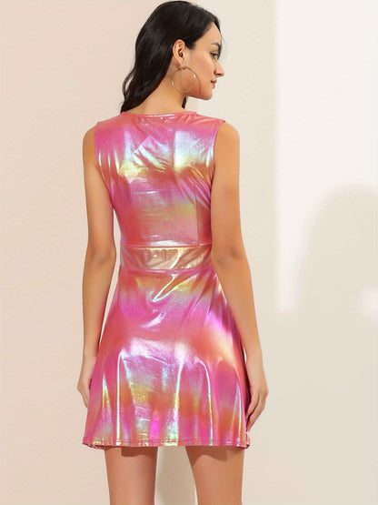 Metallic Holographic Women's High Waist Sleeveless Club Party Disco Dress