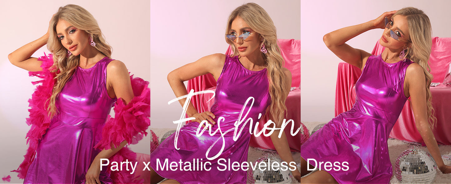 Metallic Holographic Women's High Waist Sleeveless Club Party Disco Dress