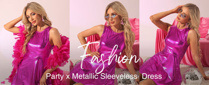 Metallic Holographic Women's High Waist Sleeveless Club Party Disco Dress