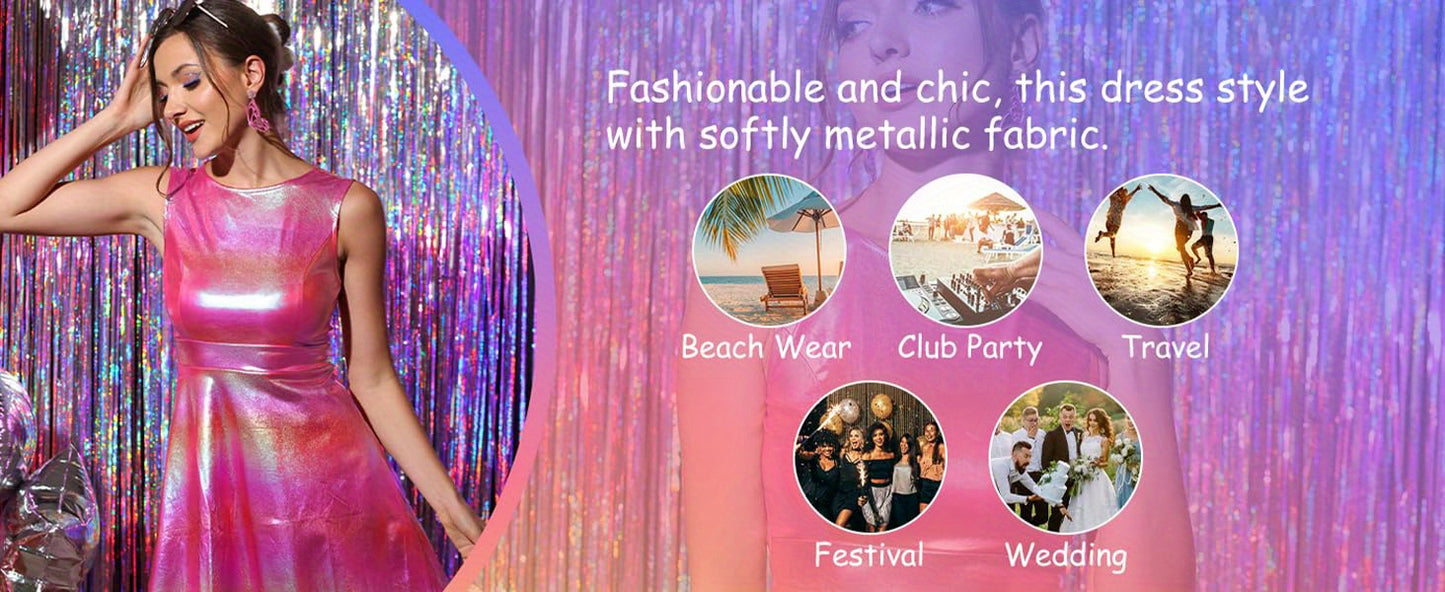 Metallic Holographic Women's High Waist Sleeveless Club Party Disco Dress