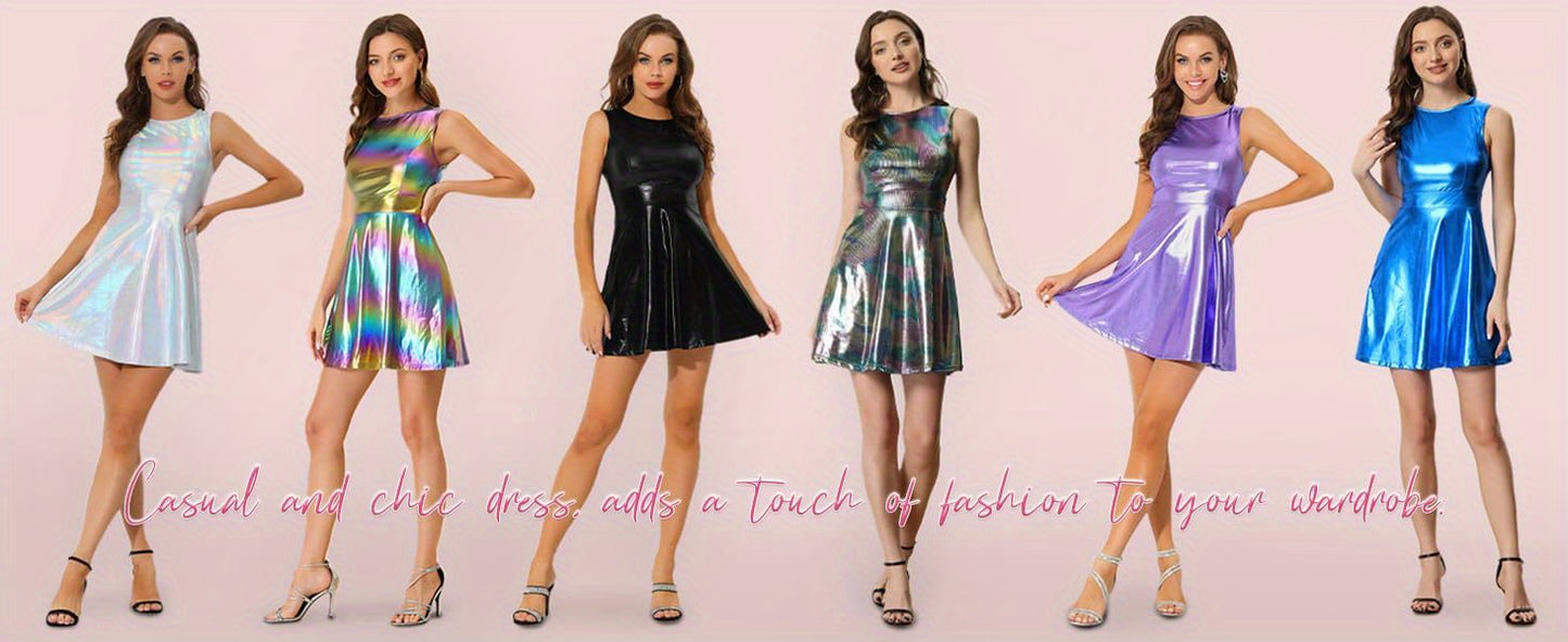 Metallic Holographic Women's High Waist Sleeveless Club Party Disco Dress