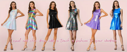 Metallic Holographic Women's High Waist Sleeveless Club Party Disco Dress