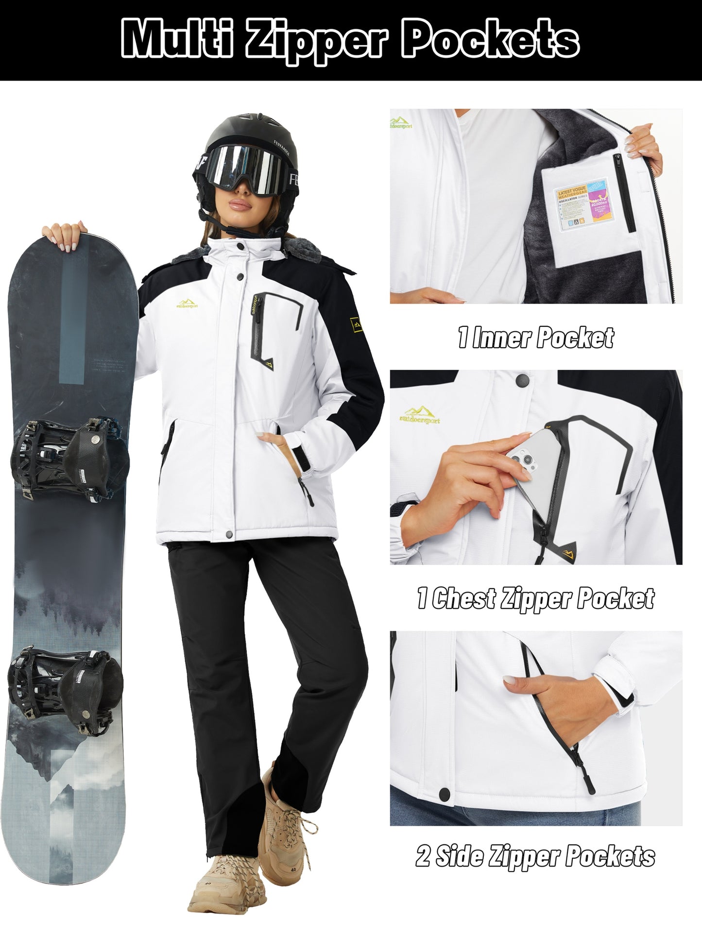 Women's Winter Ski Jacket - High Quality Soft-shell Hooded Jacket Windproof Detachable Hood Multi-pockets Warm Thickened Fleece Lined - Winter Outdoor Snow Sports Skiing Snowboarding Hiking Camping Daily Casual Wear Work Wear Rain Windbreaker