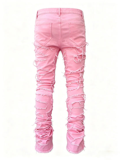 Men's Creative Tassel Decor Straight Fit Jeans, Men's Casual Mid-Rise Elastic Street Style Hip-Hop Skate Rap Jeans for All Seasons