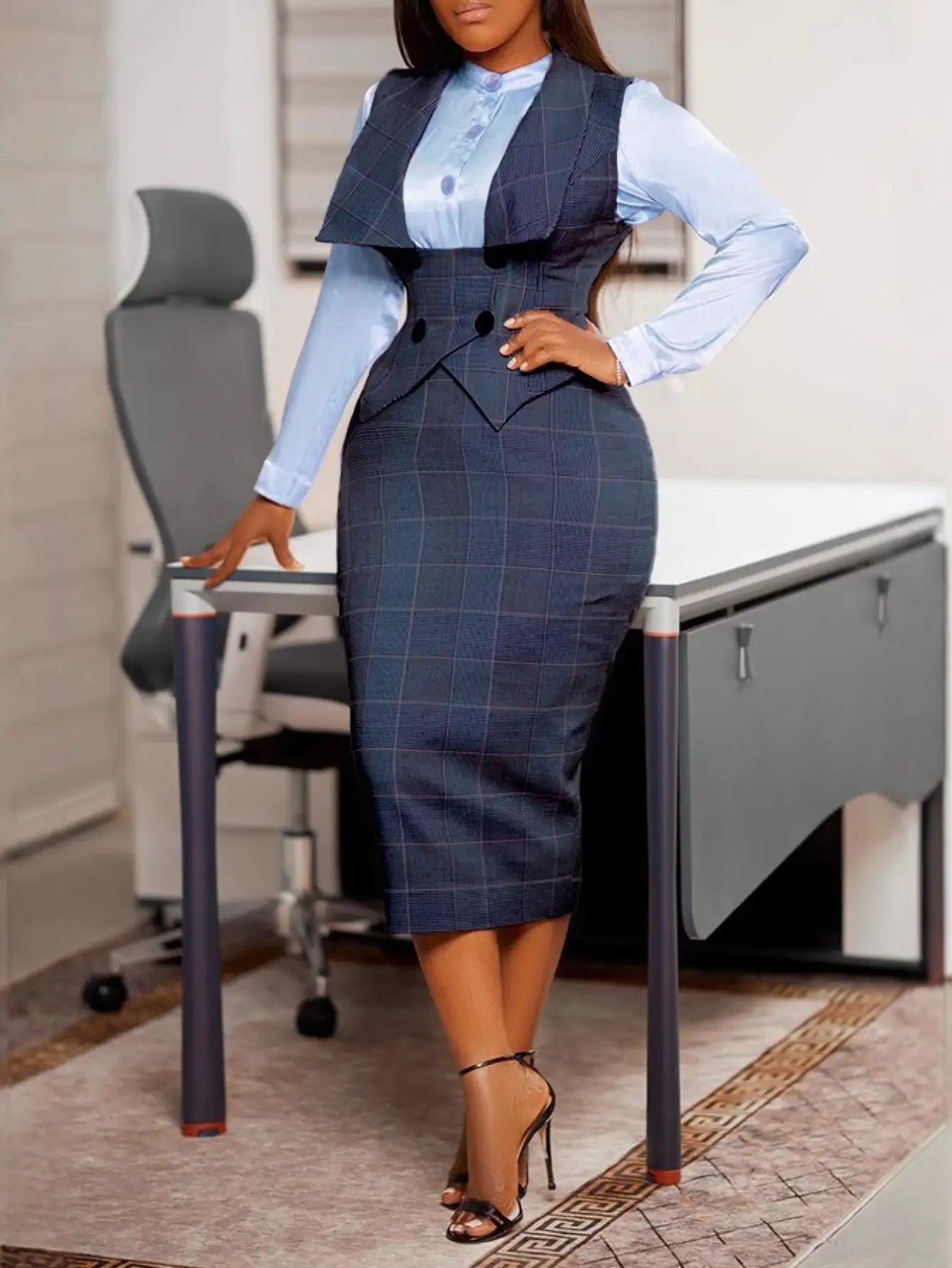 New Sexy Button Plaid Pencil Skirt Bodycon Skirt Set 2pcs Women's Seasonal Checkered Sleeveless Vest + High-Waisted Skirt Set | Intellectual Commuting Design, Creating A Professional Look, Suitable for Office Work And Business Meetings