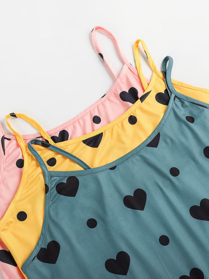 3 Sets Women'S Plus Casual Pajama Set, Plus Size Heart & Polka Dot Print Round Neck Cami Top & Shorts Lounge 6pcs Set