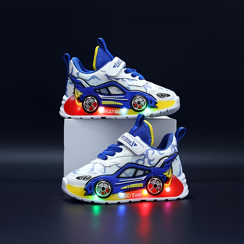 New Cartoon Car LED Light-Up Kids Sports Shoes, Non-Slip PVC Sole, All-Season Athletic Casual Shoes for Boys And Girls Ages 3-6.