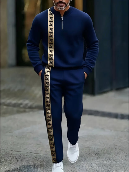Men's Fashion Casual Zipper Stand Collar Long Sleeve Pants Set 2pcs Set, Simple Yellow and White Pattern Design, Drawstring Adjustable Elastic Waistband, Comfortable Vacation Gift Set