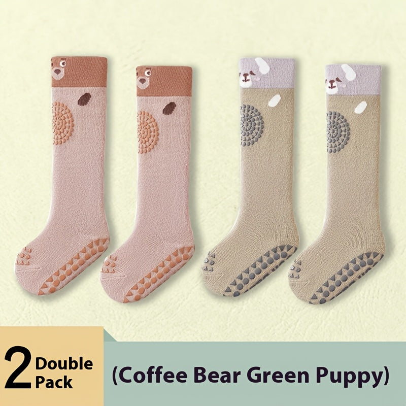 2 Pairs & Long Knee-High Socks with Non-Slip Sole - Crawling Socks Suitable for Spring, Fall, Winter | Soft Elastic for Walking | Cute,,, Dog & More Patterns (Hand Wash Only)