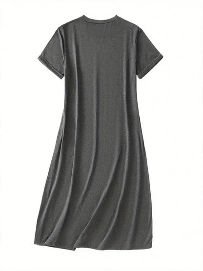 A Women'S Round-Neck Short-Sleeved A-Line Skirt- Loose-Fitting, Breathable And Soft Mid-Length Summer Vacation Dress, Machine-Washable Solid-Color Casual Wear for Spring And Summer Travel, Durable Adult Clothing (Note: This Product Is A Dress)