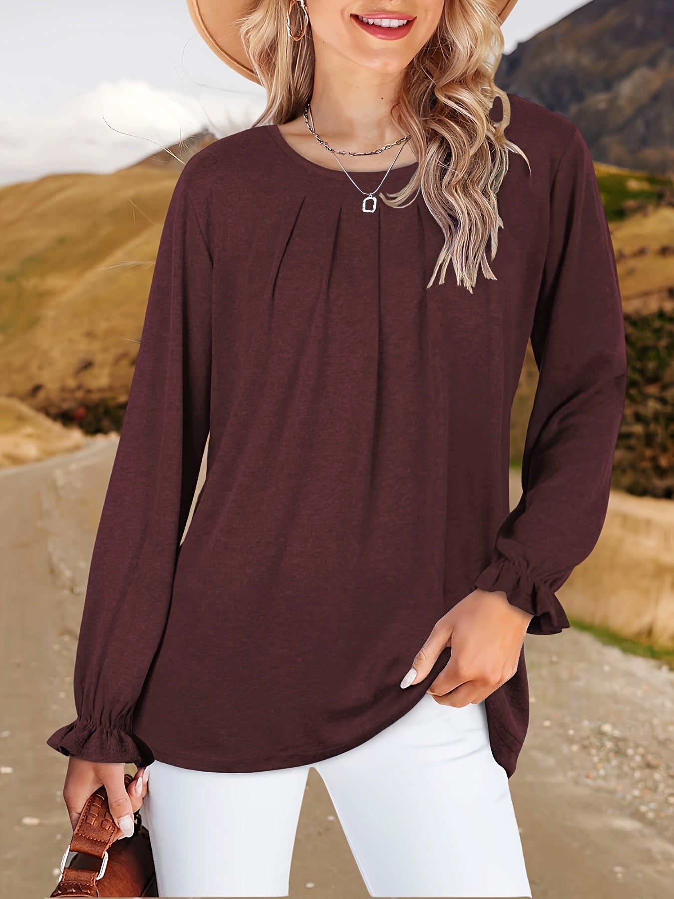 Womens Tops Dressy Casual Pleated Ruffle Long Sleeve Shirts Loose Fitting Blouses Tunic Tops