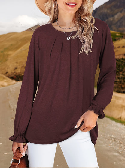 Womens Tops Dressy Casual Pleated Ruffle Long Sleeve Shirts Loose Fitting Blouses Tunic Tops