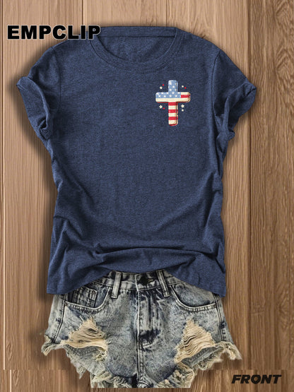 Double-sided Printing Women's T-shirts Women's Blend T-shirts-Stars, Stripes & Jesus Christ T-Shirt - Patriotic Faith Design for Women | Casual Summer Wear | Christian Apparel | Trendy Graphic Tee