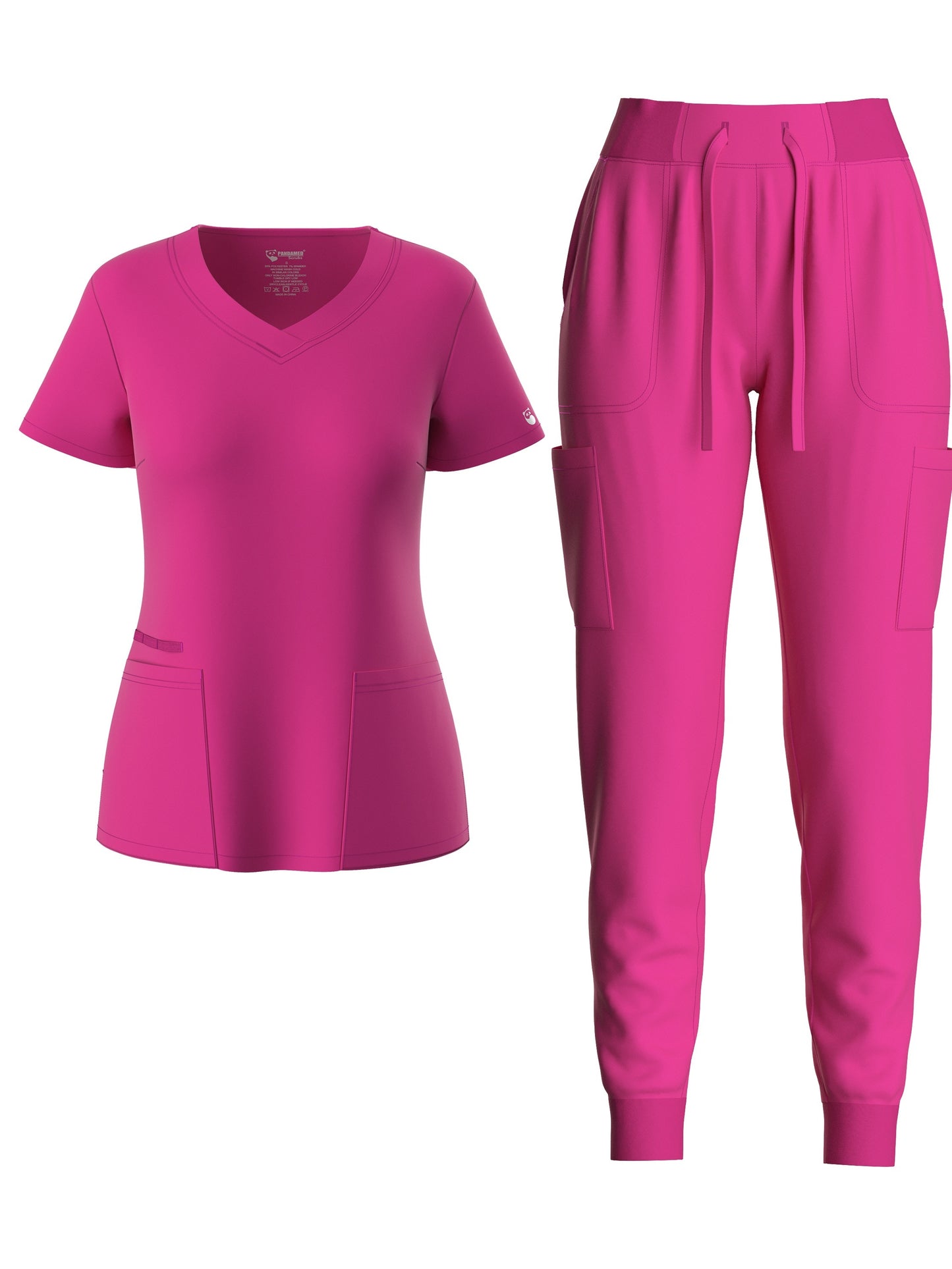 Women's Solid Two-piece Set - Elegant Short Sleeve V Neck Scrub Top & Drawstring Pants Outfits, Clothing