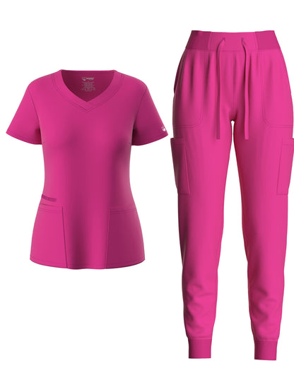 Women's Solid Two-piece Set - Elegant Short Sleeve V Neck Scrub Top & Drawstring Pants Outfits, Clothing