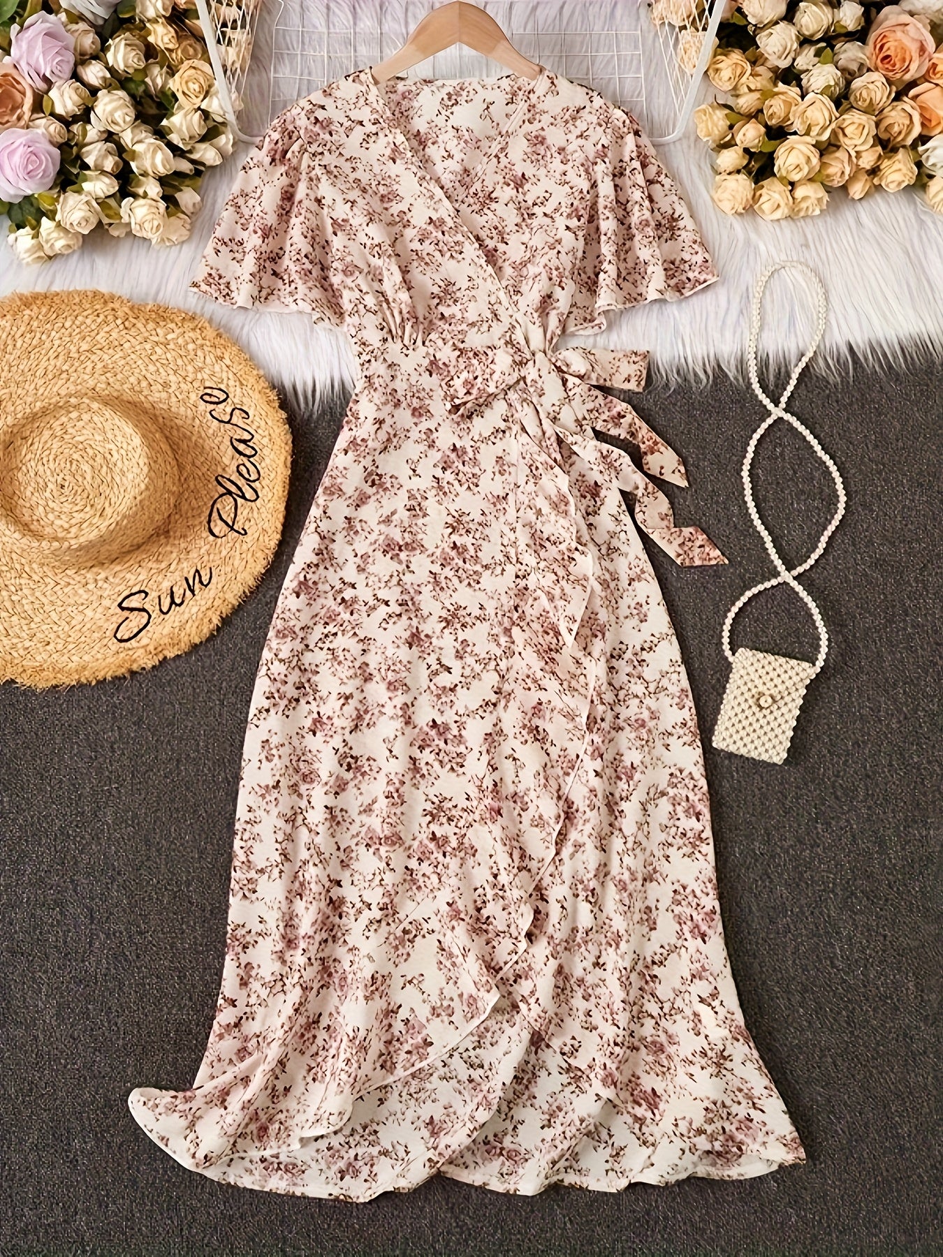 [Elegant Floral Dress] Floral Print Surplice Neck Dress, Elegant Short Sleeve Tie Waist Ruffle Hem Dress, Women's Clothing
