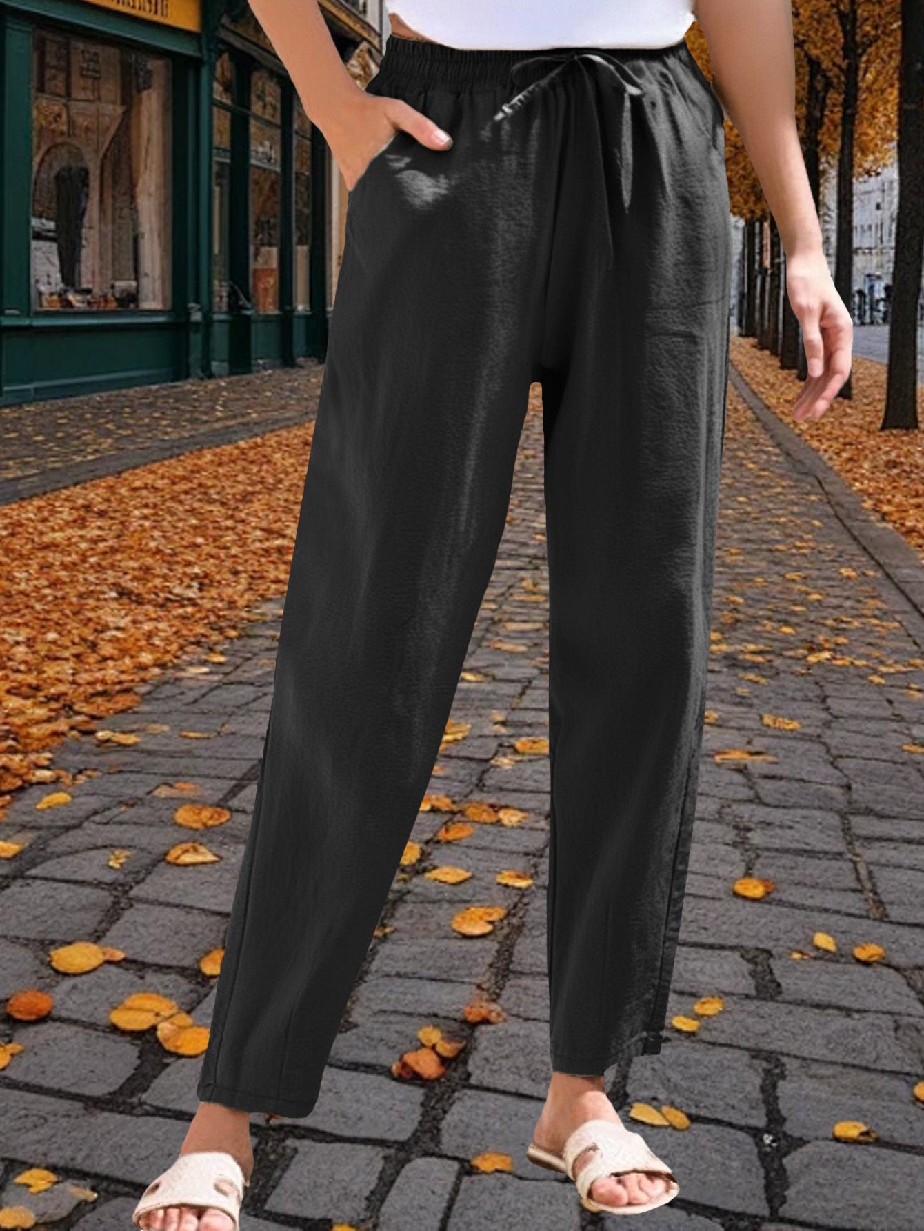 3-Pack Women'S 9/10 Length Casual Trousers, Loose Fit, Solid Color Drawstring Elastic Waist, Comfortable And Versatile for Office, Weekend Strolls, Gatherings, And Beach Vacations
