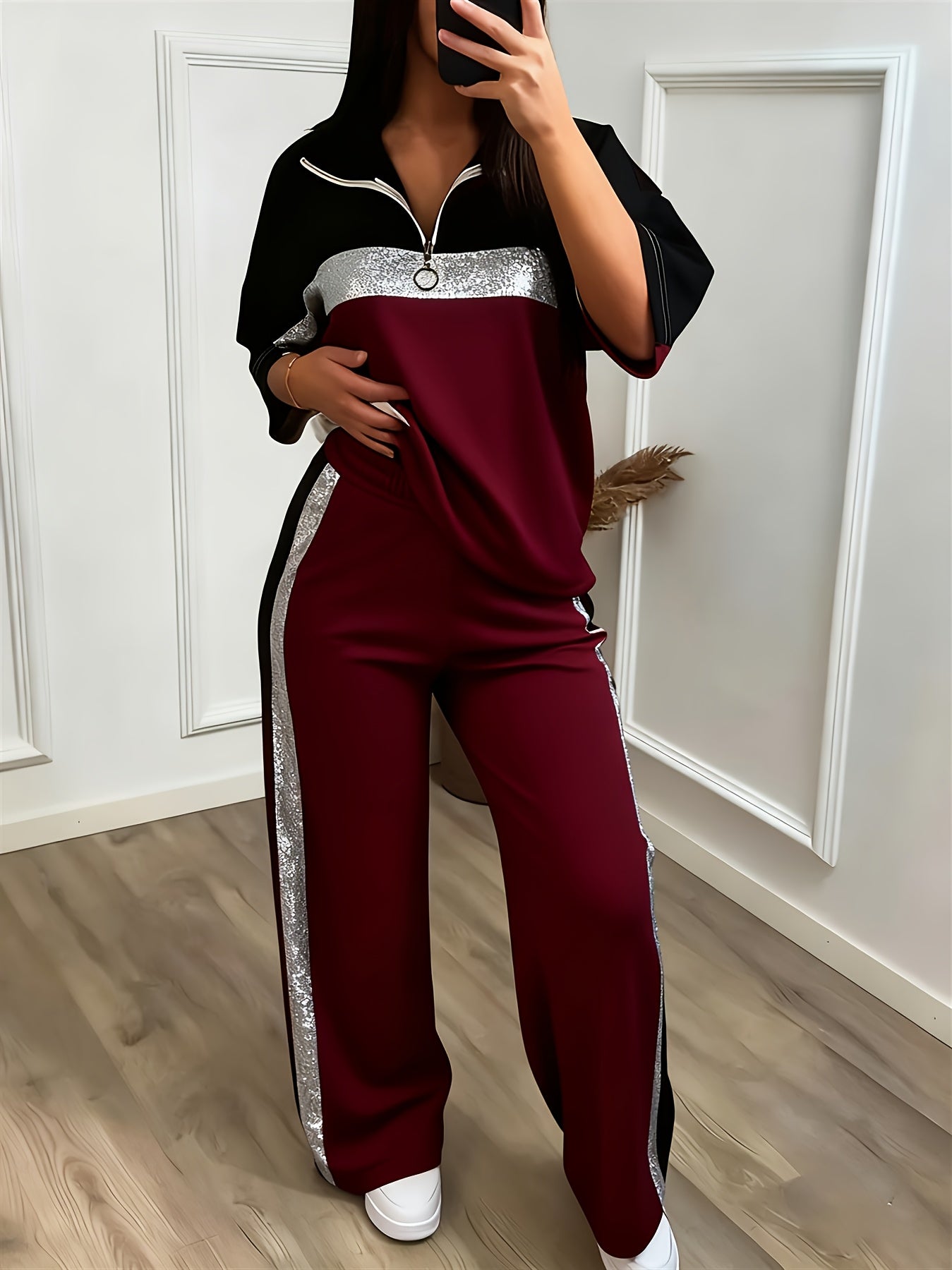 Women'S Casual Sporty Color-blocked Half-zip Stand-up Collar Mid-sleeve Sports Top + High-waisted Wide-leg Side Striped Sports Pants