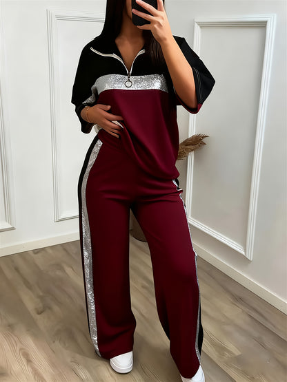 Women'S Casual Sporty Color-blocked Half-zip Stand-up Collar Mid-sleeve Sports Top + High-waisted Wide-leg Side Striped Sports Pants