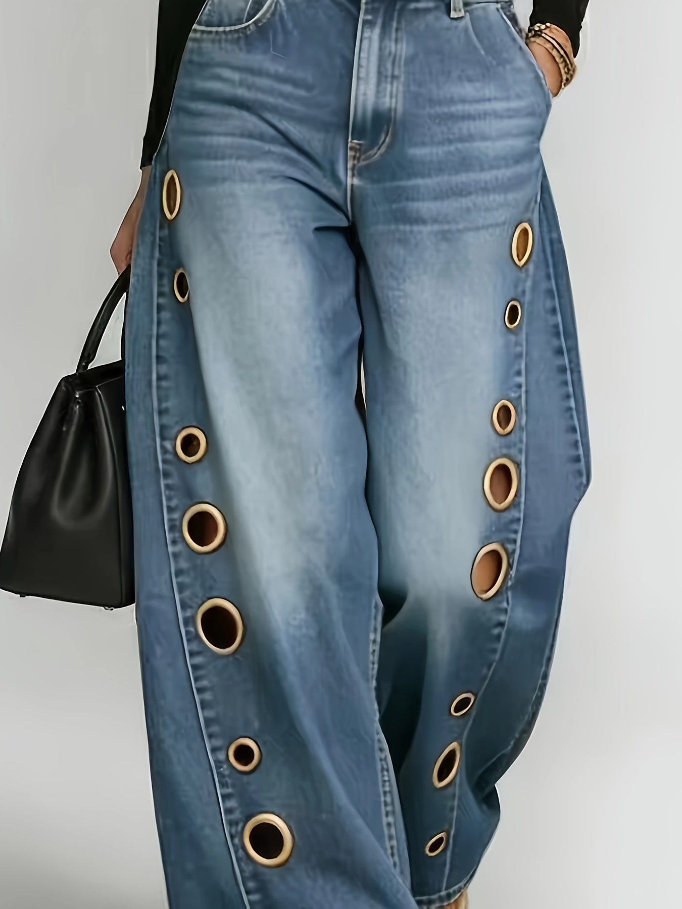 [Retro Denim Jeans] New Retro Style Denim Jeans for Women, With Metal Eyelets Designed for Casual And Loose Fit, High Waisted And Wide Leg Jeans, Street Cool Women's Clothing, Black Retro Blue Light Blue Women's Straight Leg Denim Pants