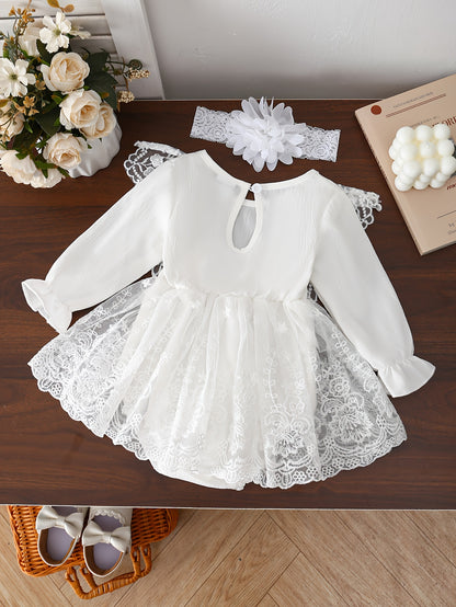 2pcs Baby Girl'S Lace Dress Set, Crew Neck, Long Sleeve, Solid Color, Non-Stretch Fabric, with Contrast Lace Detail, with Matching Floral Headband, for Spring/Fall, Elegant Princess Style Ha Yi Skirt Outfit for Children