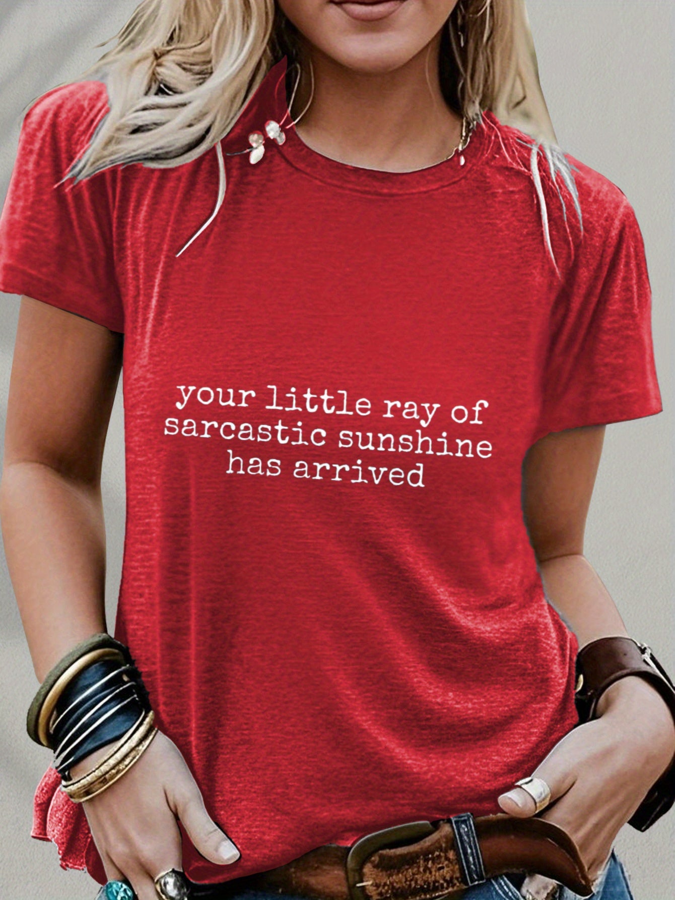 Women's Funny Slogan T-Shirt "Your Little Sarcastic Sunshine" - Short Sleeve Casual Round Neck Tee with Witty Lettering, Sarcastic Humor Apparel for Daily Wear, Machine Washable Comfortable Statement Shirt