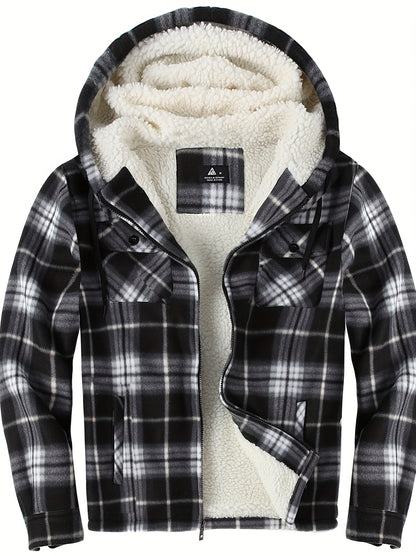 Men's Heavyweight Sweater Hooded Jacket - Full Zip Thick Snow Mountain Lined Flannel Plaid Shirt with Pockets, Casual Style, Perfect for Autumn and Winter, Hooded Collar, Regular Fit, Plaid Pattern, Men's Jacket