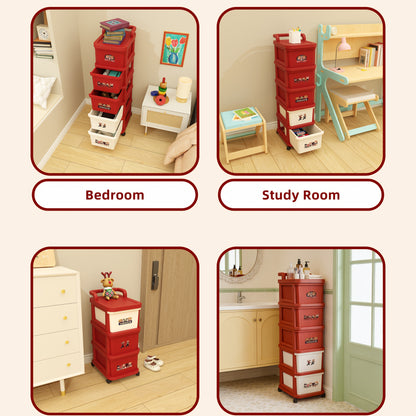 Large-Capacity Plastic Storage Cabinet with 2/3/4/5 Layers 鈥?Red & White Multi-Layer Drawer Organizer with Wheels, Easy to Assemble, Portable Stackable Storage Unit for Bedroom, Bathroom & Living Room, Foldable Home Organizer, Space-Saving Plastic
