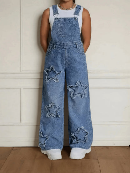 Teen Girls' Wide-Leg Denim Overalls with Star Embroidery Everyday Outfits - Machine Washable Teen Loose Fit Long Denim Machine Washable All-Season Casual Jeans for Teens Durable Fabric, for Outdoor