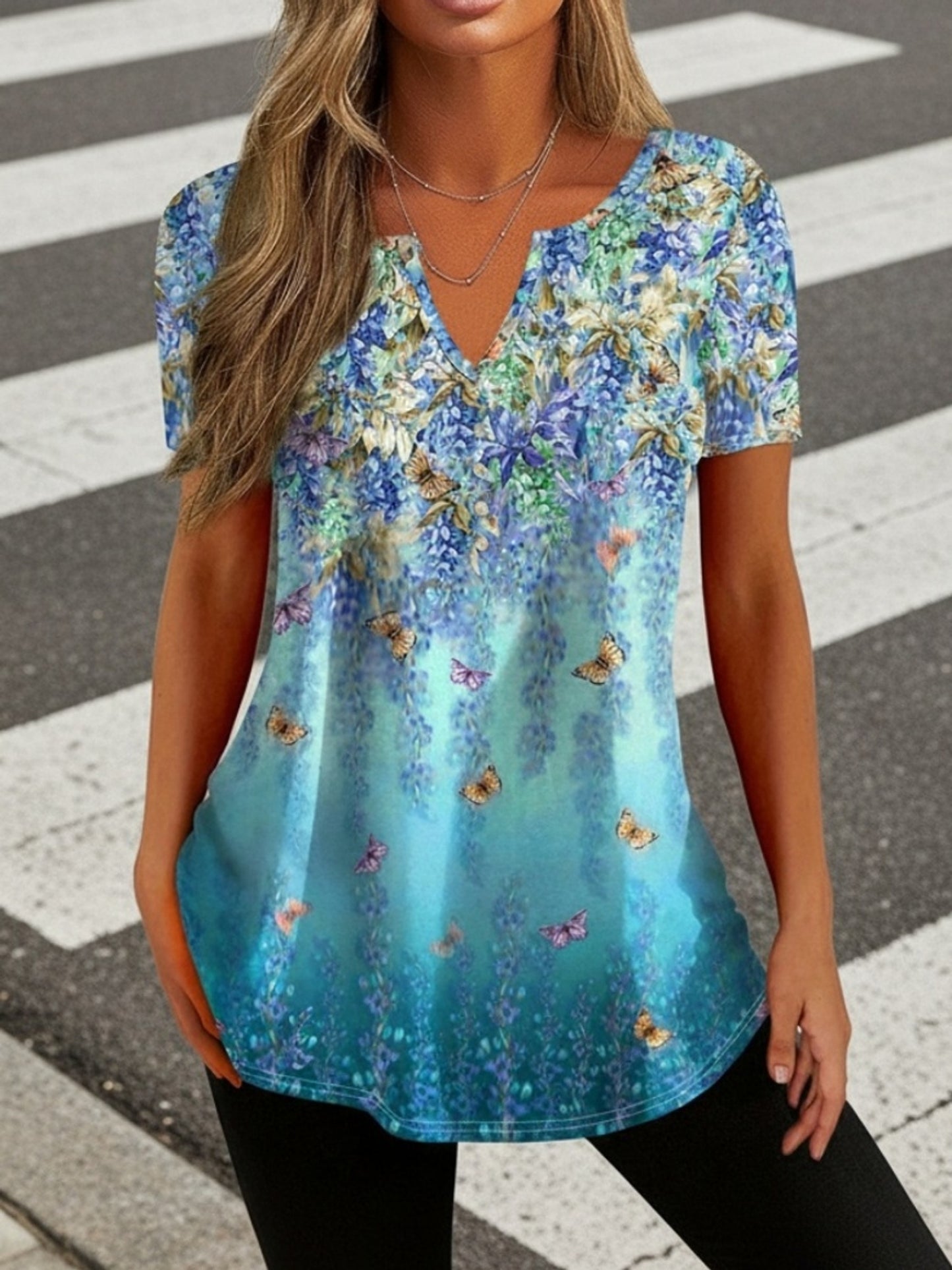 Spring and Summer Butterfly Print Retro Style Short Sleeved T-shirt[directional]