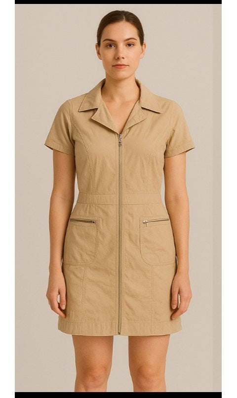 Women's Short Sleeve Zip-Up Utility Dress with Functional Front Pockets and Stylish Notched Collar – Lightweight and Breathable Fabric – Modern Tailored Fit for Casual, Work, or Weekend Wear – Versatile Shirt Dress Style with Full-Length Zipper and Define