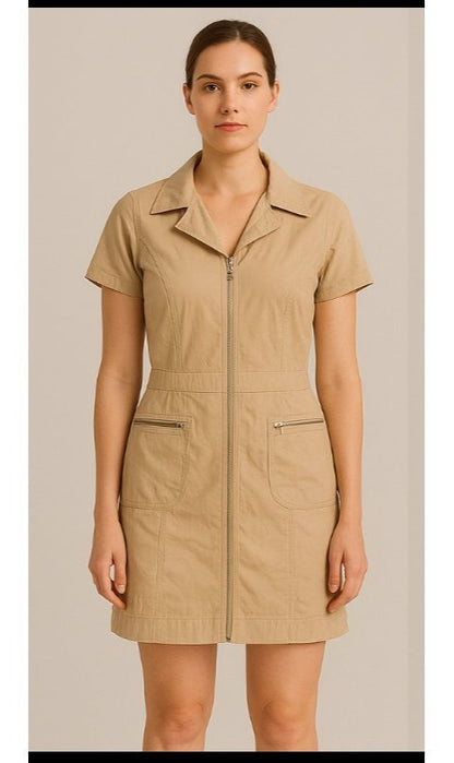 Women's Short Sleeve Zip-Up Utility Dress with Functional Front Pockets and Stylish Notched Collar – Lightweight and Breathable Fabric – Modern Tailored Fit for Casual, Work, or Weekend Wear – Versatile Shirt Dress Style with Full-Length Zipper and Define