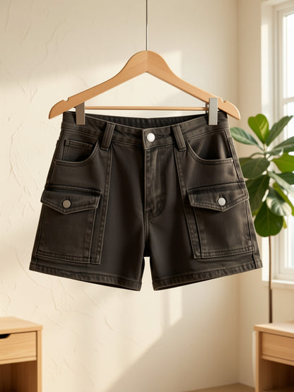Elastic Multi-Pocket Denim Shorts with a High-Waisted Design for Women, Perfect for Casual Summer Wear