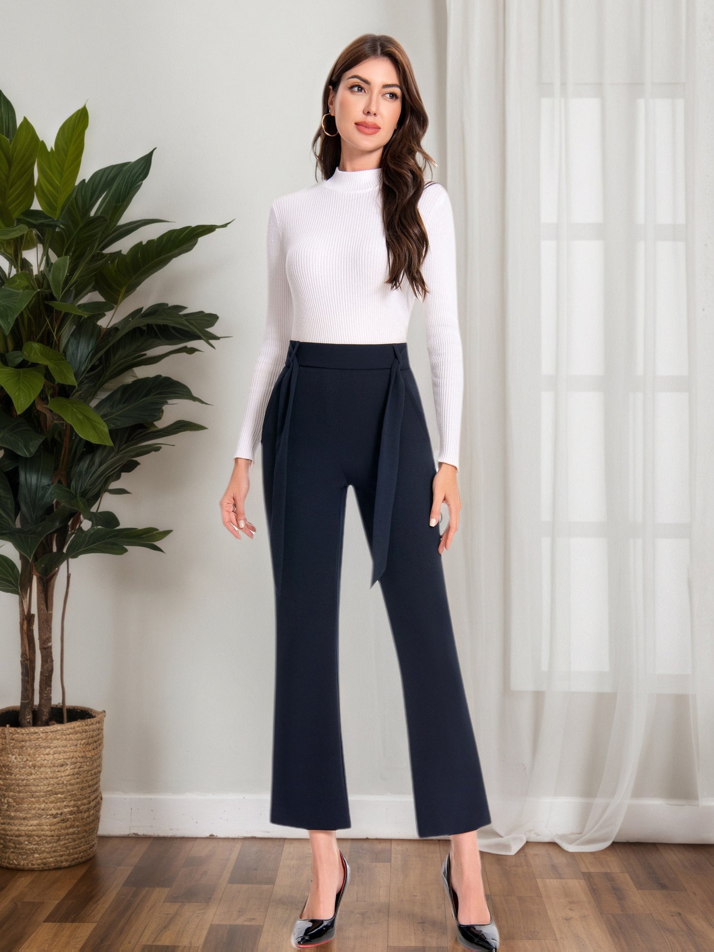 Elegant Plaid Flare Trousers for Women Featuring a High Waist And Tie Belt, Designed for a Slim Fit with Pockets, Perfect for Office Wear