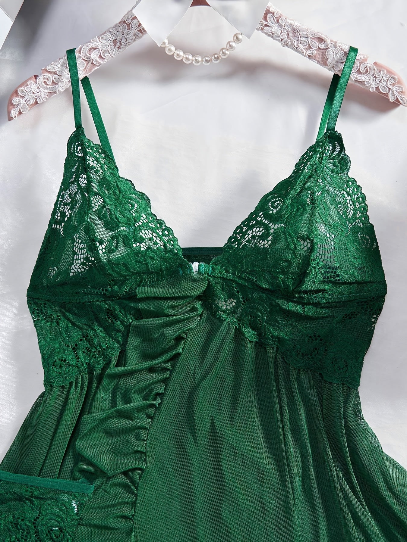 Big Size Sultry Valentine Lace Sleepwear Dress Set - Exquisite Lace, Flattering V-Neckline, Daring Backless Design, Delicate Ruffle Trim, Trendy Split Hem, Seductive Thong Detail, Ultra-Comfortable Fabric, Perfect for Romantic Night, Anniversary Gift