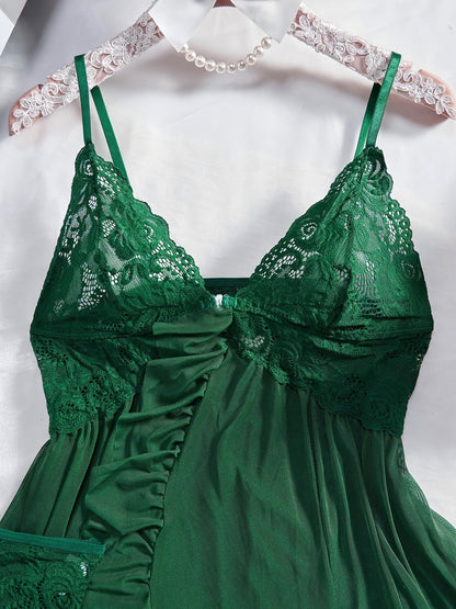Big Size Sultry Valentine Lace Sleepwear Dress Set - Exquisite Lace, Flattering V-Neckline, Daring Backless Design, Delicate Ruffle Trim, Trendy Split Hem, Seductive Thong Detail, Ultra-Comfortable Fabric, Perfect for Romantic Night, Anniversary Gift