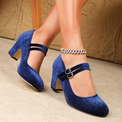 Women's Elegant Velvet Mary Jane High Heels with Chunky Heel & Double Straps - Round Toe Closed-Toe Dress Shoes for Weddings, Christmas, Professional Events, and Formal Occasions, Dressy Shoes, Wedding Guest Footwear, Synthetic Cover Insole