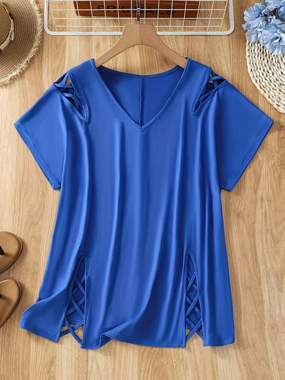 Plus Size Women'S Loose-Fitting Short-Sleeve V-Neck Tee - Stylish V-Neck Style Featuring Open Cross Elements. Perfect for Both Casual And Formal Settings During Spring And Summer, Making It Great for Everyday Wear And Special Events