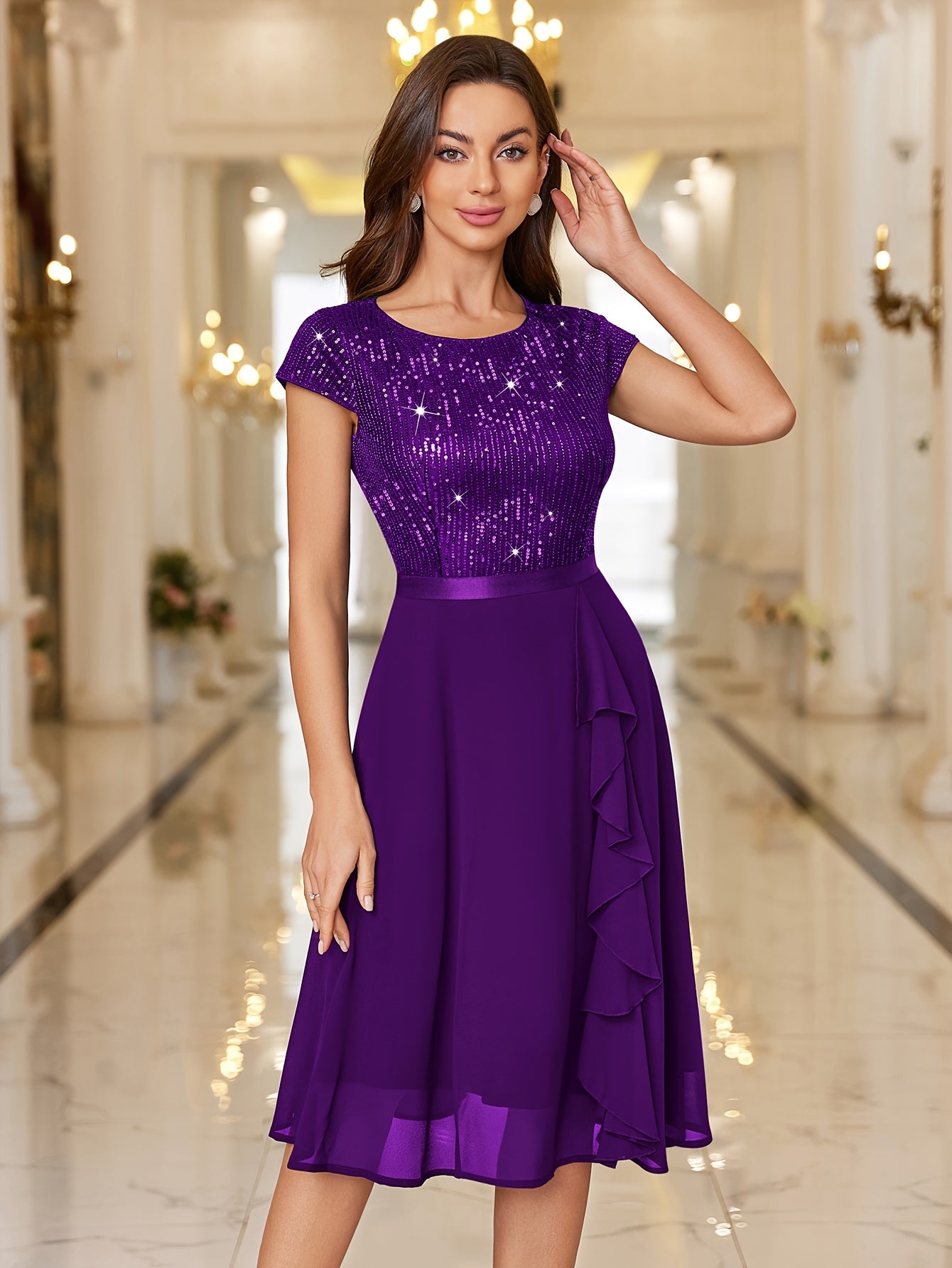 Y82016 Elegant Women's Glitter Sequin Chiffon A-Line Bridesmaid Dress with Cap Sleeves & Ruffled Hem - Sparkling Wedding Party Dress for Bridesmaids, Prom, Birthday, Formal Evening Gown - Machine Washable Chiffon