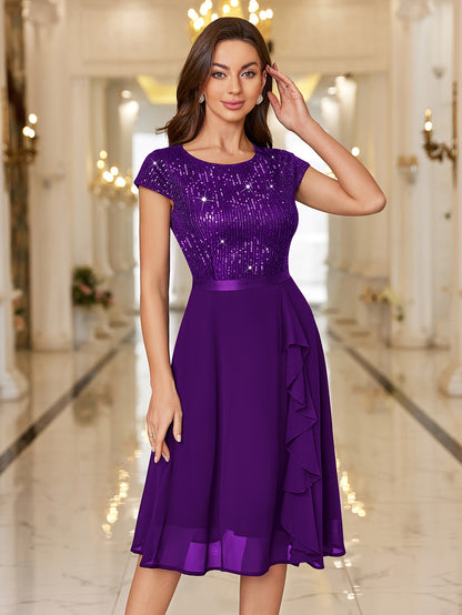 Y82016 Elegant Women's Glitter Sequin Chiffon A-Line Bridesmaid Dress with Cap Sleeves & Ruffled Hem - Sparkling Wedding Party Dress for Bridesmaids, Prom, Birthday, Formal Evening Gown - Machine Washable Chiffon