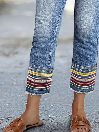 Women'S Plus Size Stone Washed Denim Pants, Ethnic Style Embroidered Skinny Straight Leg Pants