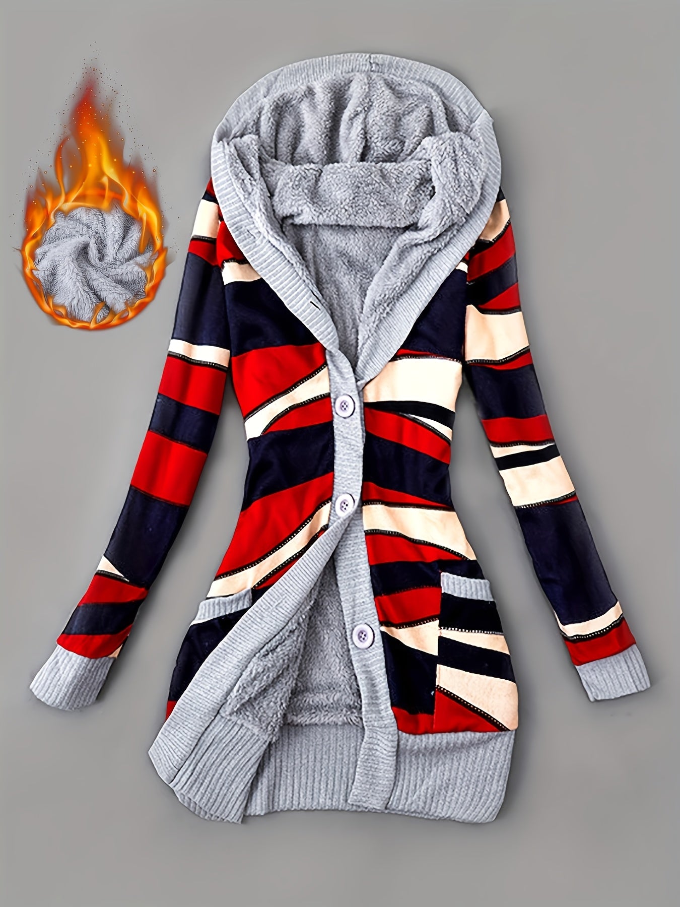 Women'S Fall Winter Casual Hooded Jacket, Warm Fleece Lined Long Sleeve Coat with Geometric Pattern And Colorblock Design