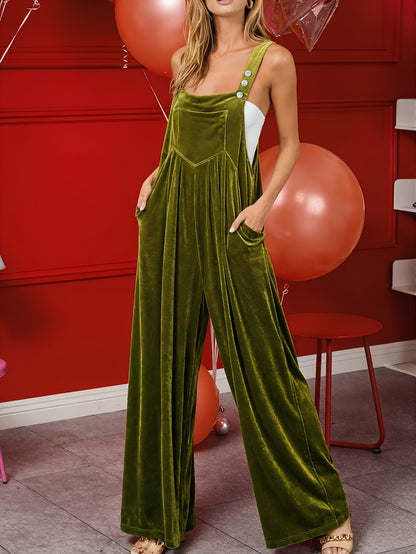 Four Seasons  Solid Velvet Overalls, Glossy Fabric Adjustable Buckle Wide Leg Pants Jumpsuit